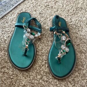 Emerald Green Sandals with Rhinestone Embellishments